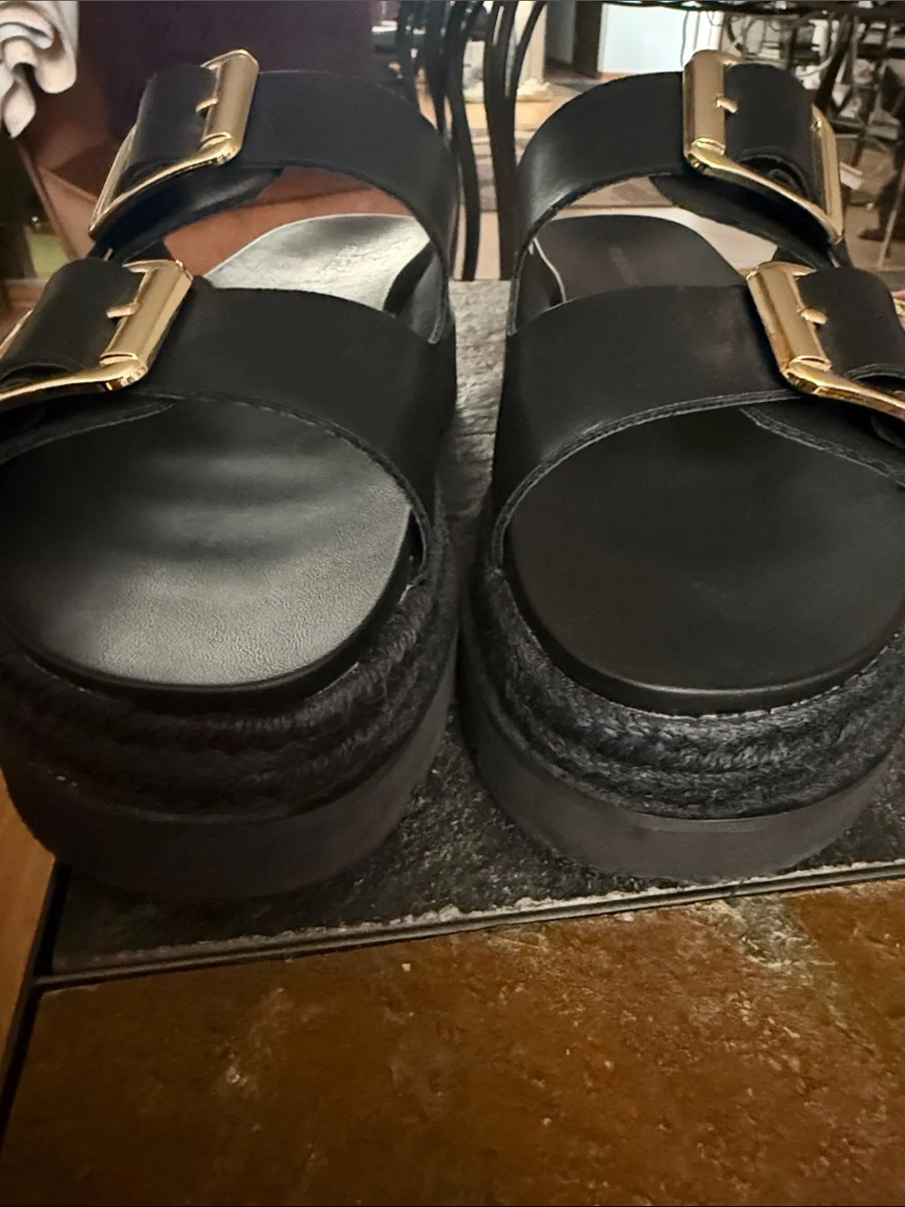Madden Girl Black Platform Slide Sandals with Gold Buckles - size 9